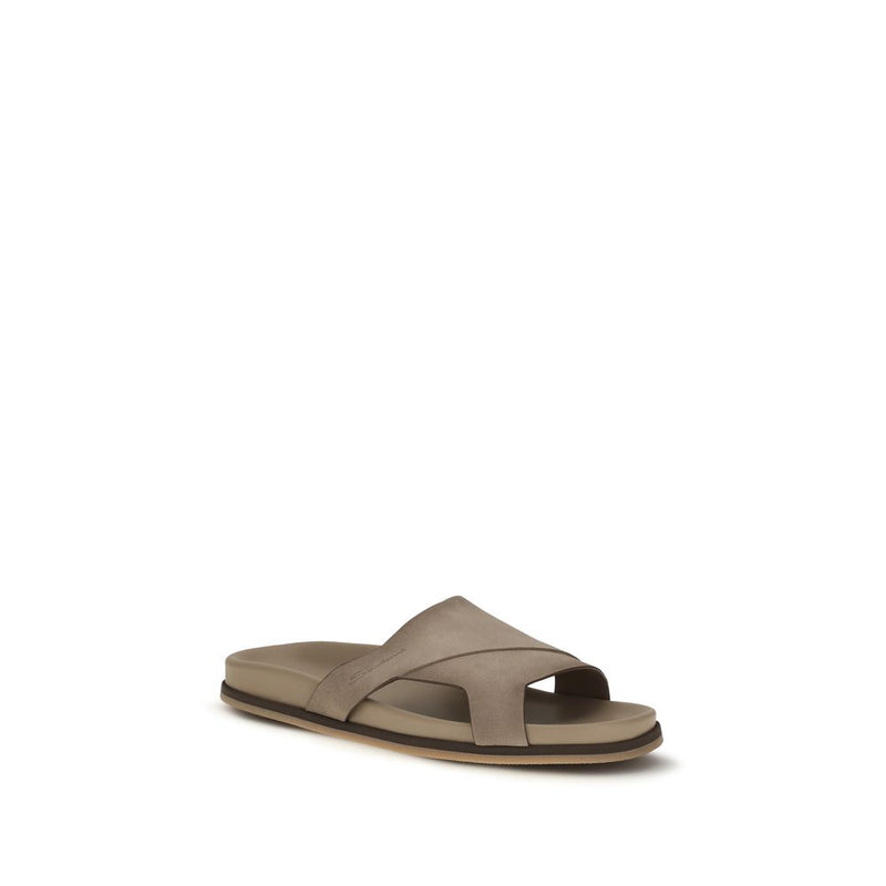 Santoni Beige Calf Leather Bos Taurus Flat Sandals for Men