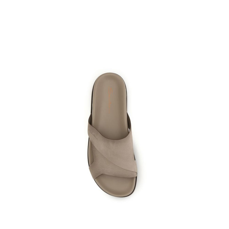 Santoni Beige Calf Leather Bos Taurus Flat Sandals for Men