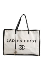 Chanel Ladies First White and Black Canvas Shopper Tote Bag