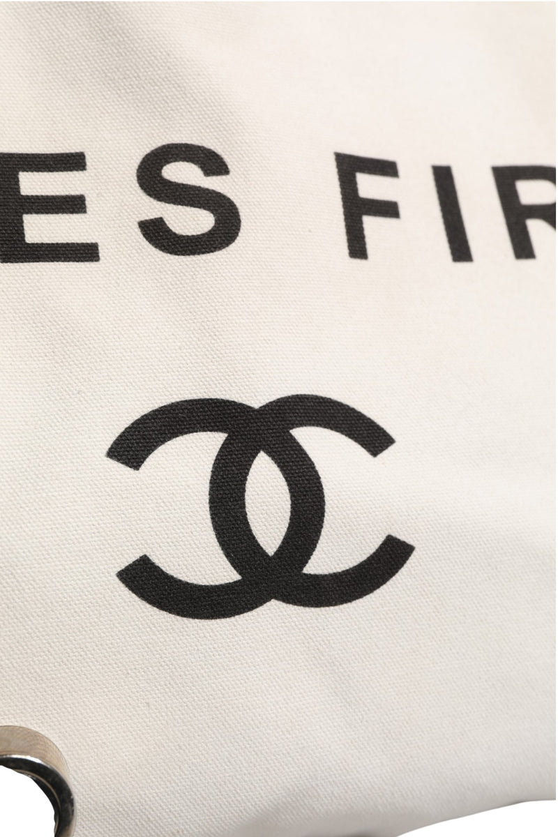 Chanel Ladies First White and Black Canvas Shopper Tote Bag