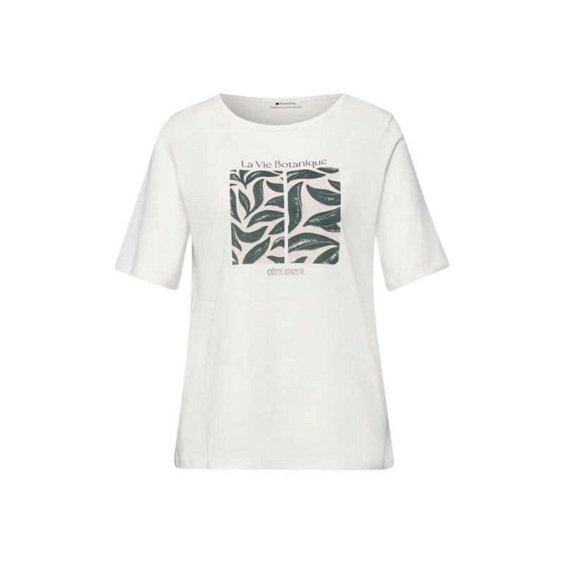 Street One White Cotton T-Shirt with Leaf Artwork
