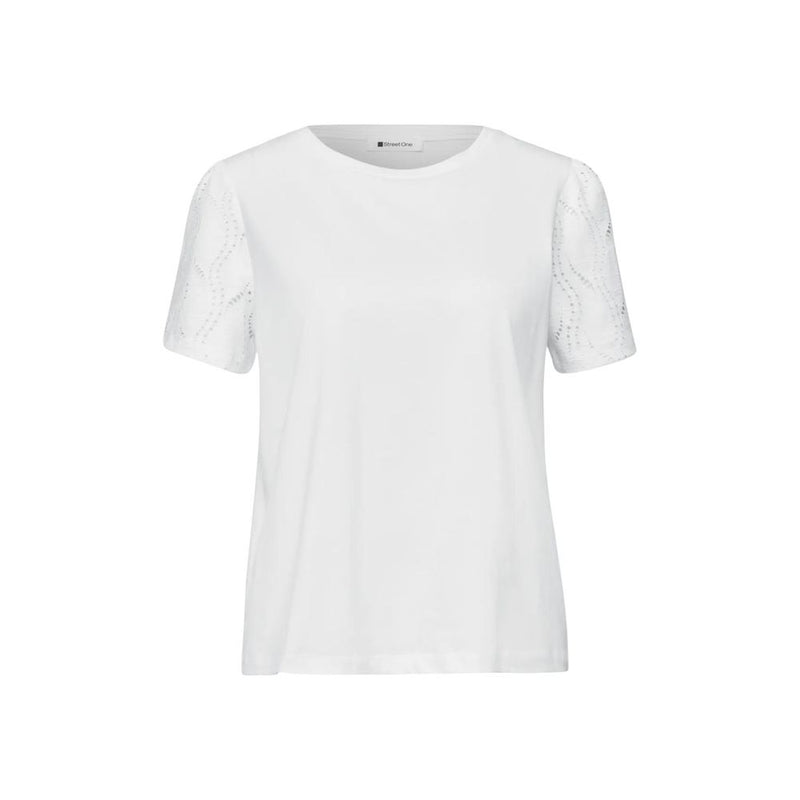 Street One Cream Cotton T-Shirt with Puff Lace Sleeves