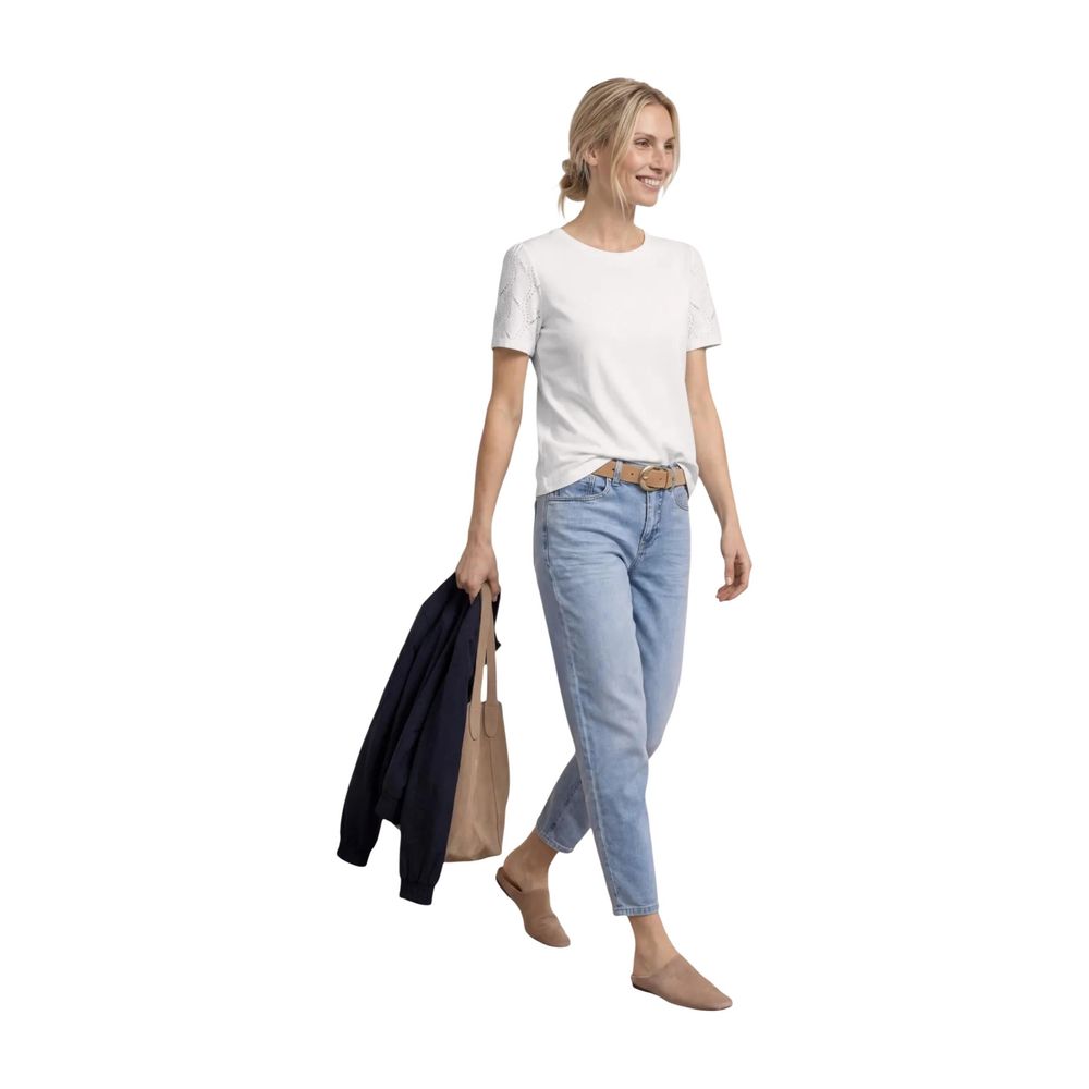 Street One Cream Cotton T-Shirt with Puff Lace Sleeves
