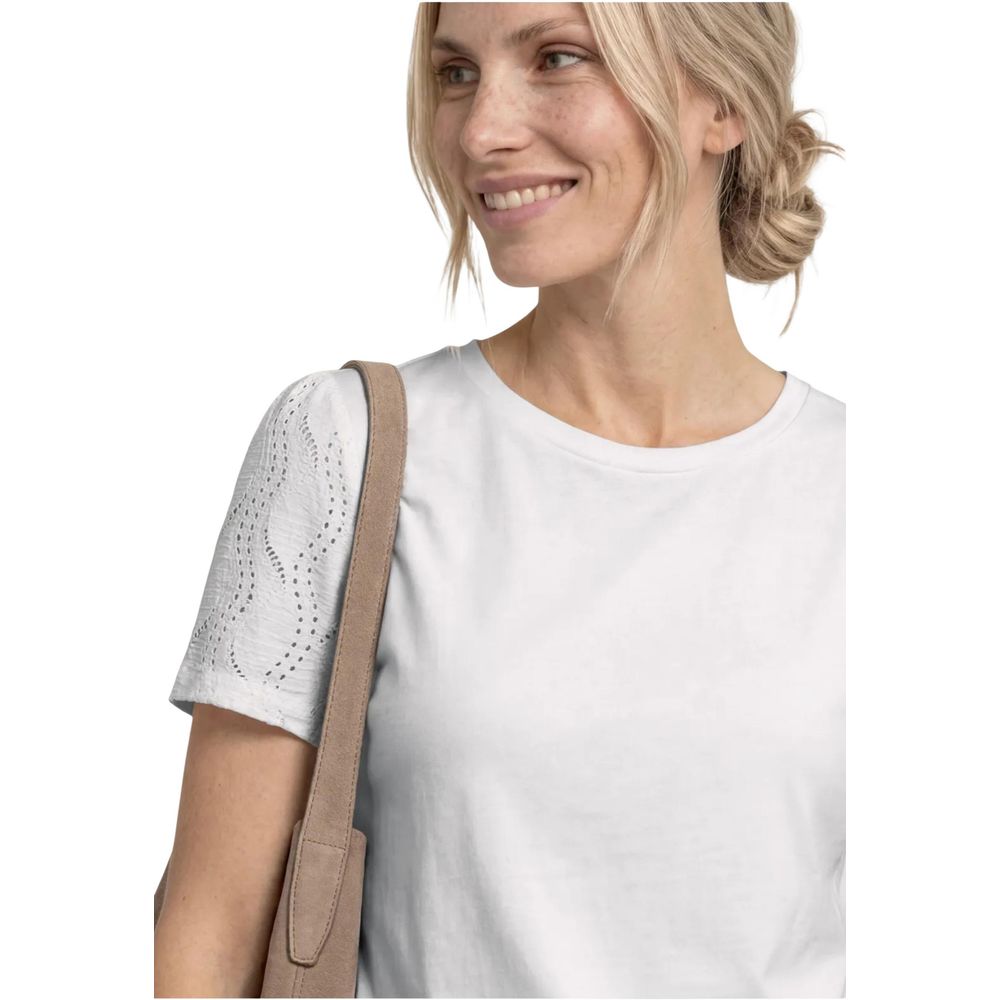 Street One Cream Cotton T-Shirt with Puff Lace Sleeves