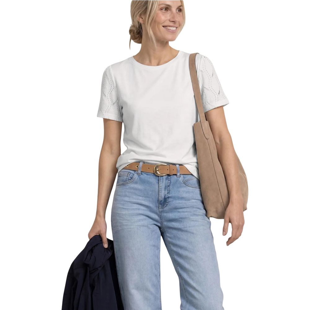 Street One Cream Cotton T-Shirt with Puff Lace Sleeves