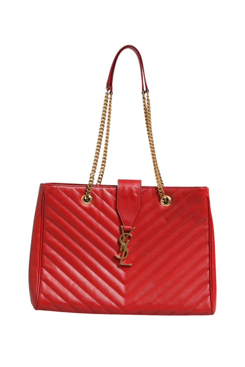 Saint Laurent Red Chevron Quilted Grained Leather Monogram Tote Bag
