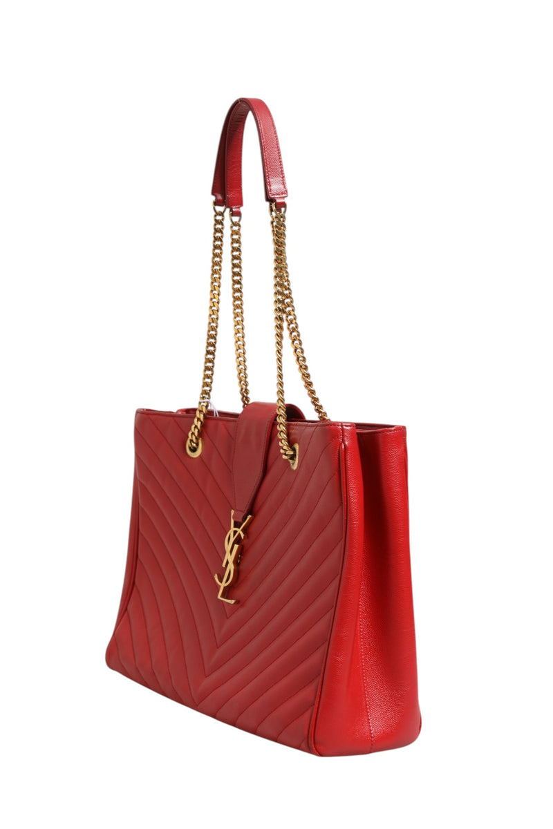 Saint Laurent Red Chevron Quilted Grained Leather Monogram Tote Bag