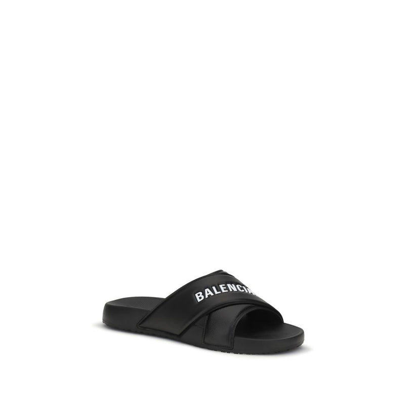 Balenciaga Black Rubber Sandals - Cross-logo Slides