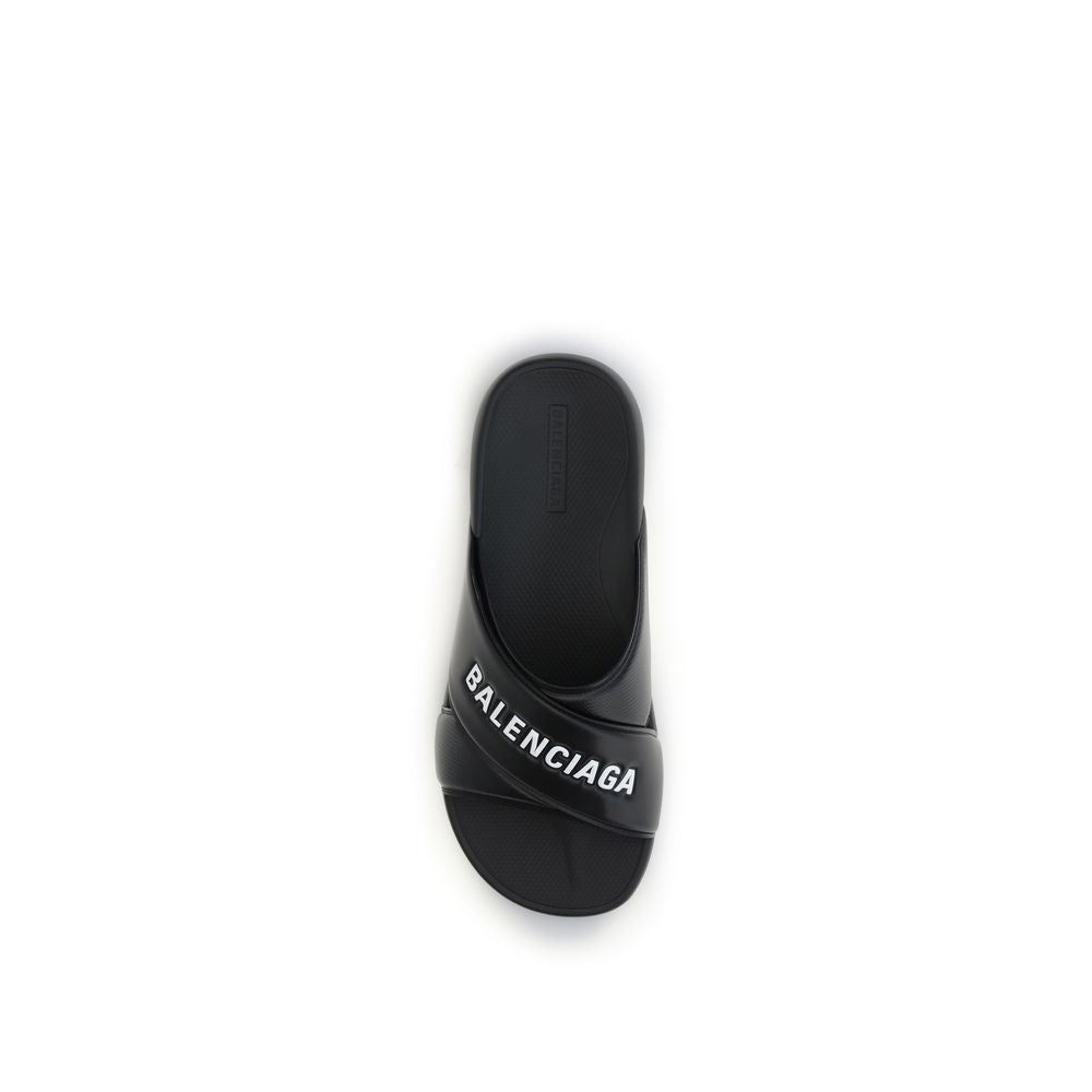 Balenciaga Black Rubber Sandals - Cross-logo Slides