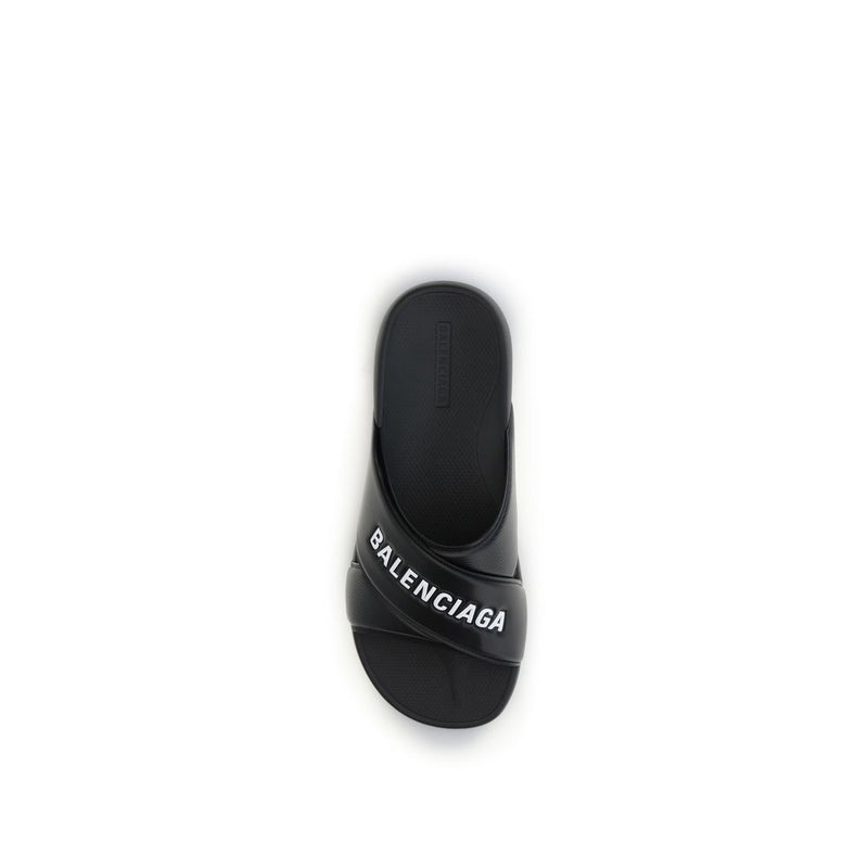 Balenciaga Black Rubber Sandals - Cross-logo Slides
