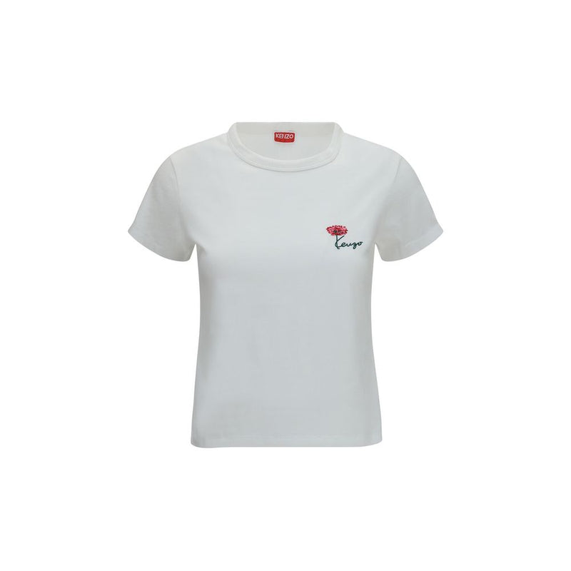 Kenzo White Cotton T-Shirt with Tulip Embroidery