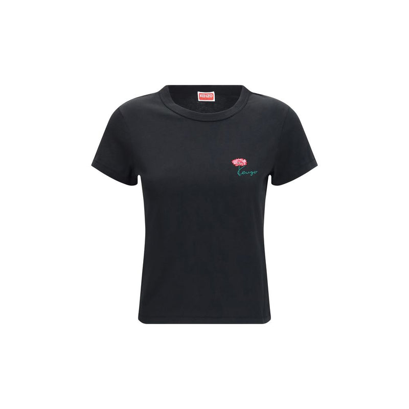 Kenzo Black Cotton T-Shirt with Tulip Embroidery