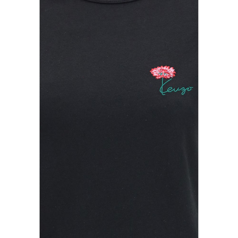 Kenzo Black Cotton T-Shirt with Tulip Embroidery