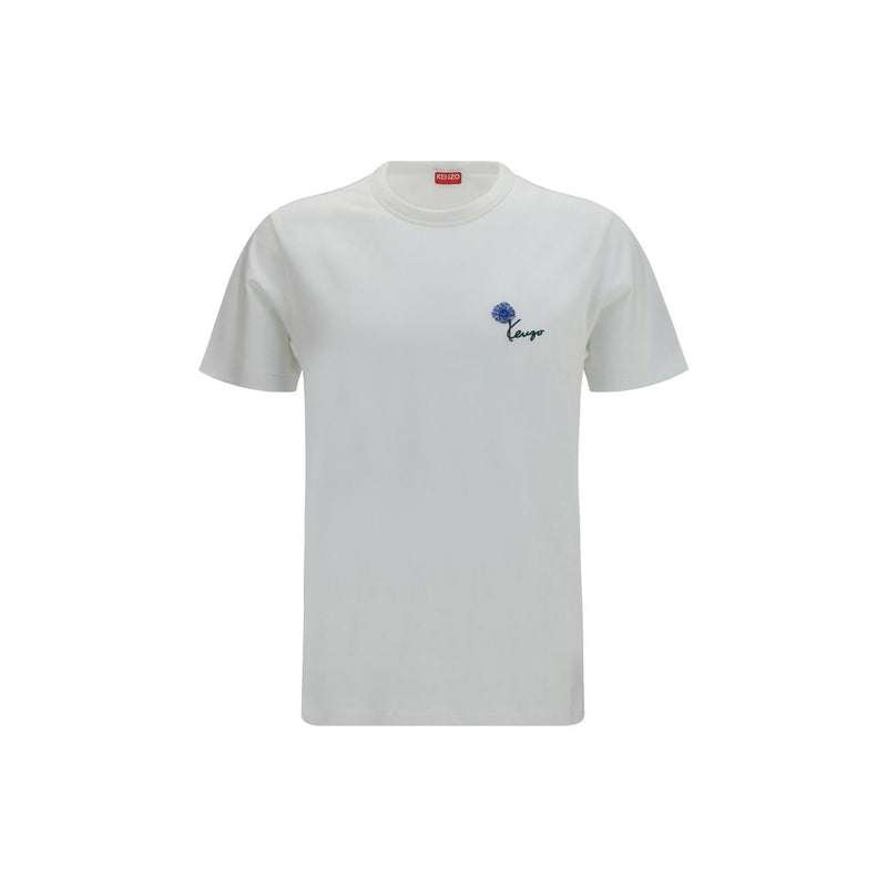 Kenzo White Cotton T-Shirt with Tulip Embroidery