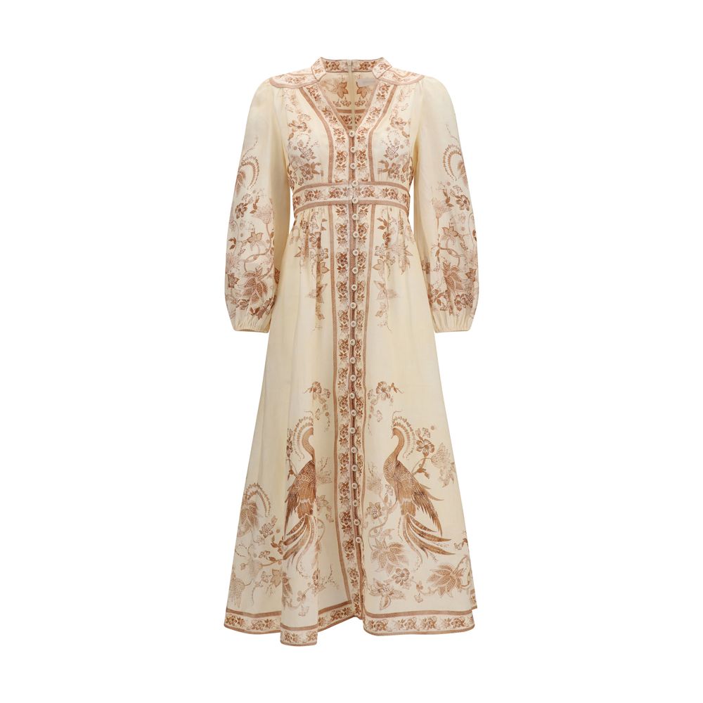 Zimmermann Indra Plunge Floral Midi Dress in Beige