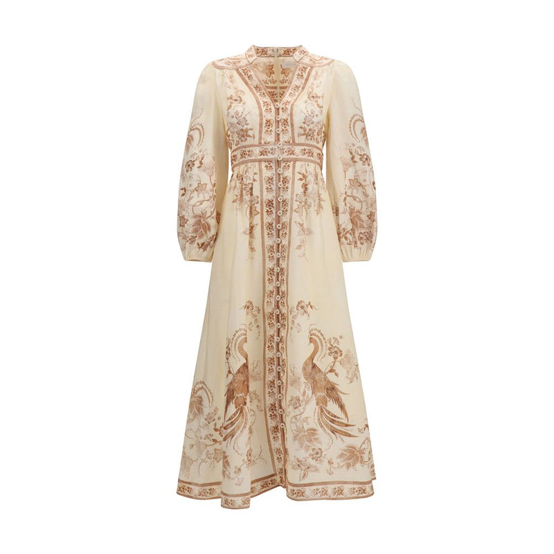 Zimmermann Indra Plunge Floral Midi Dress in Beige