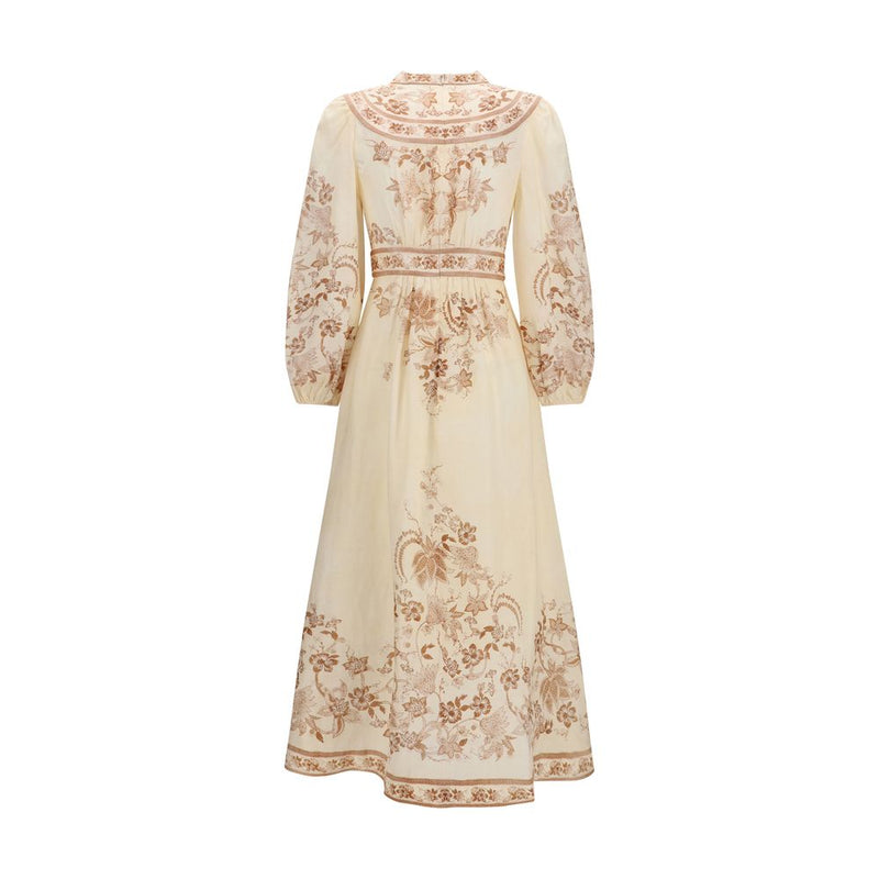 Zimmermann Indra Plunge Floral Midi Dress in Beige
