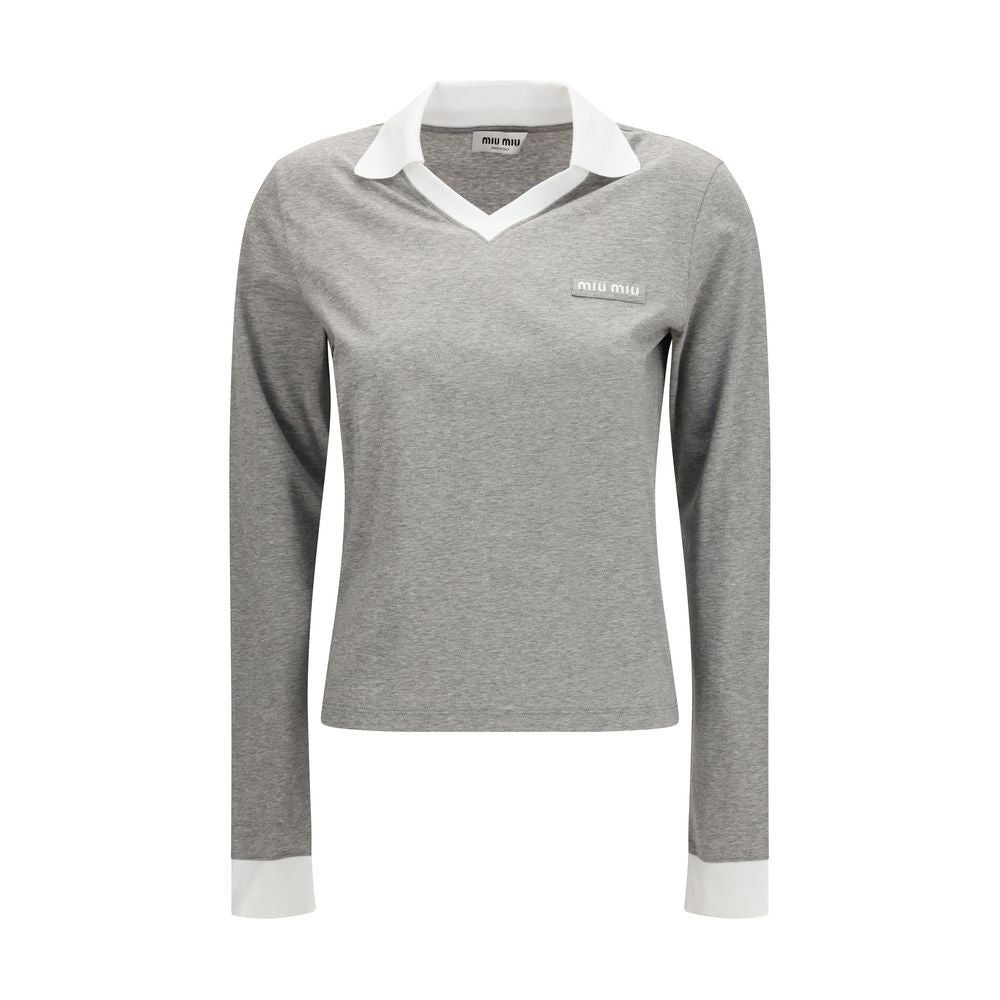 Miu Miu Gray Cotton Long Sleeve T-Shirt with V-Neck