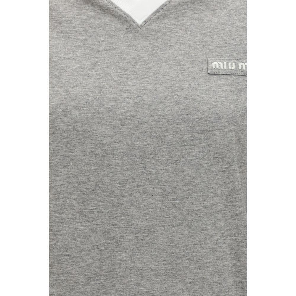 Miu Miu Gray Cotton Long Sleeve T-Shirt with V-Neck