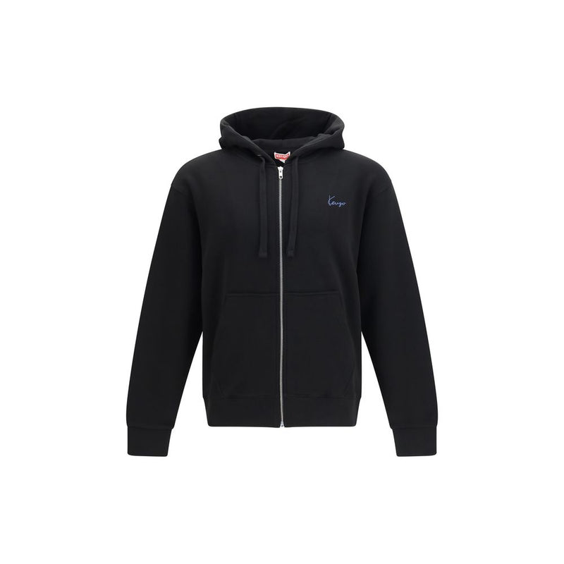 Kenzo Black Cotton Zip Hoodie - Signature Embroidery