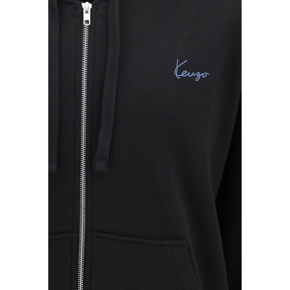 Kenzo Black Cotton Zip Hoodie - Signature Embroidery