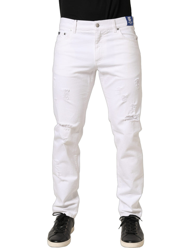 Dolce & Gabbana White Cotton Ripped Slim Fit Men Denim Jeans