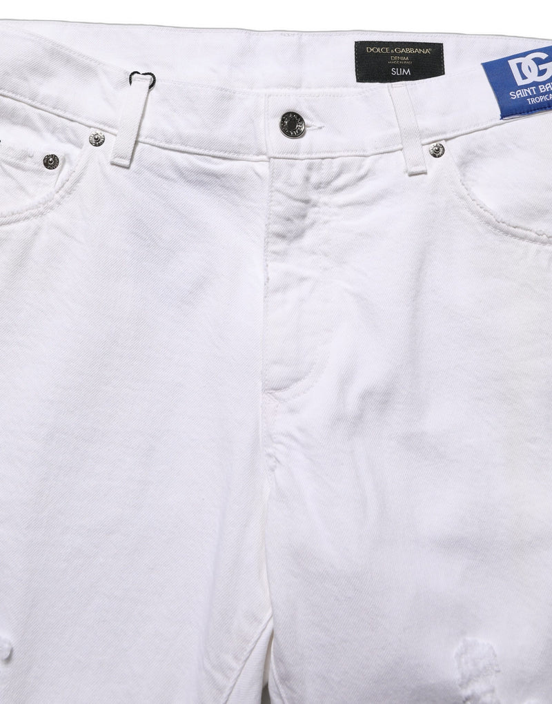 Dolce & Gabbana White Cotton Ripped Slim Fit Men Denim Jeans