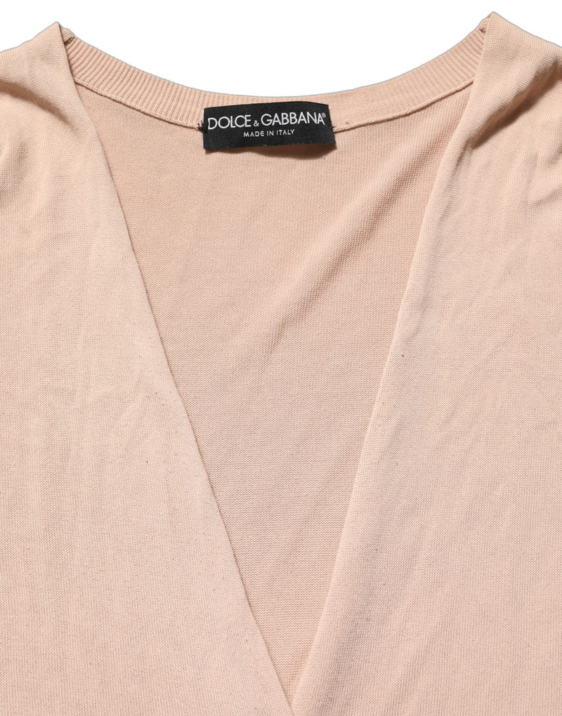 Dolce & Gabbana Beige Ribbed V-neck Front Tie Cardigan Sweater