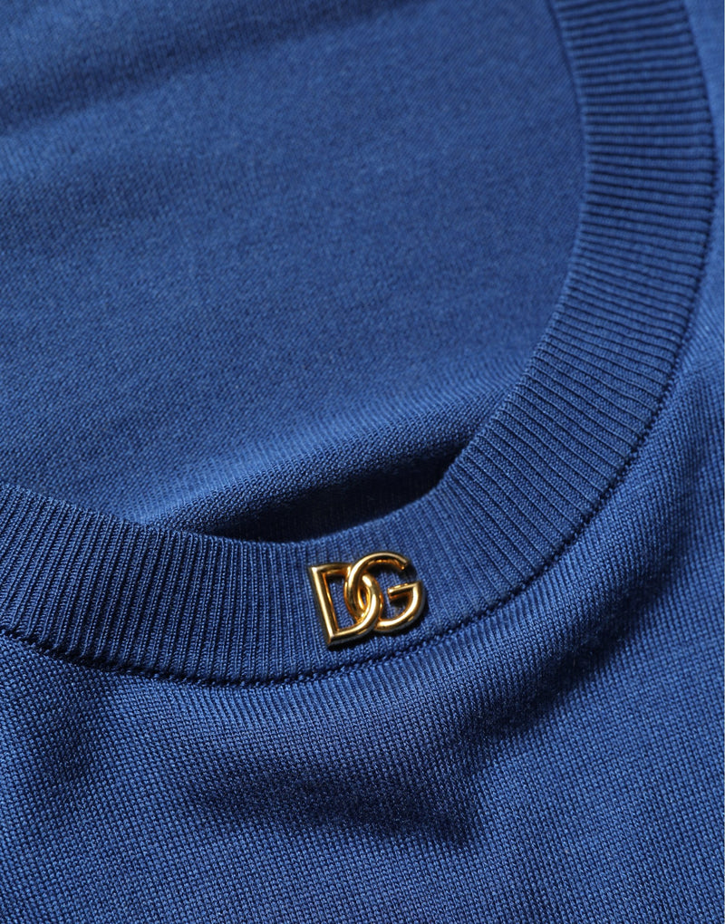 Dolce & Gabbana Blue Silk DG Logo Crew Neck Pullover Sweater