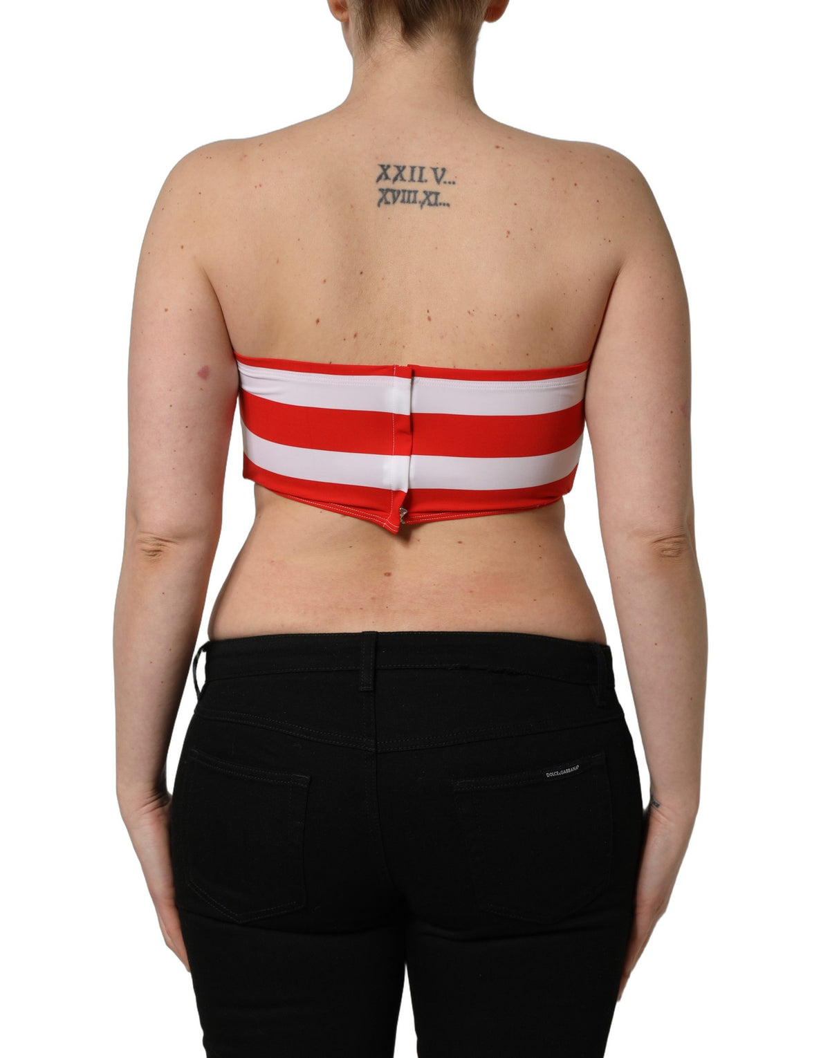 Dolce & Gabbana White Red Striped Ribbed Tube Crop Top