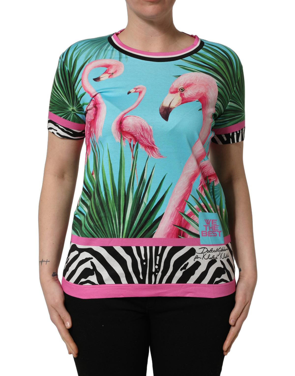 Dolce & Gabbana Multicolor Flamingo Zebra-Striped Trim T-shirt