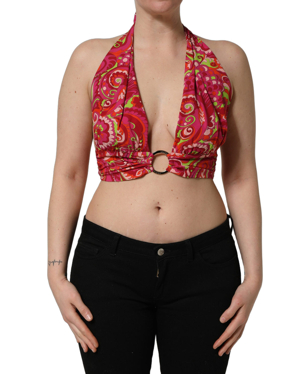 Dolce & Gabbana Red Paisley Silk Halter Neck Crop Top