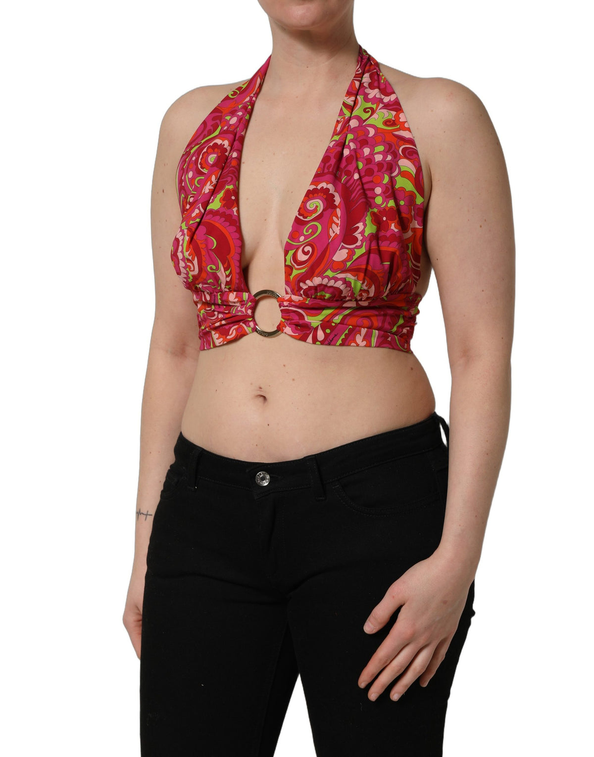 Dolce & Gabbana Red Paisley Silk Halter Neck Crop Top