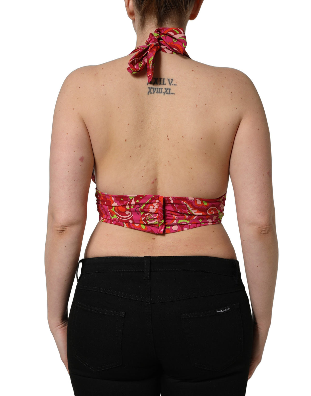 Dolce & Gabbana Red Paisley Silk Halter Neck Crop Top