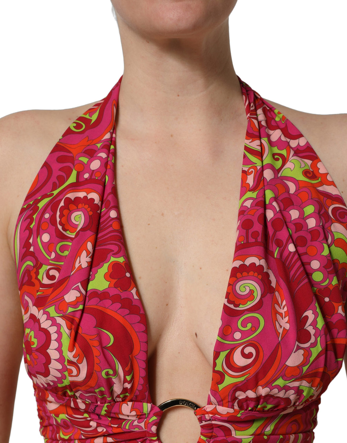 Dolce & Gabbana Red Paisley Silk Halter Neck Crop Top
