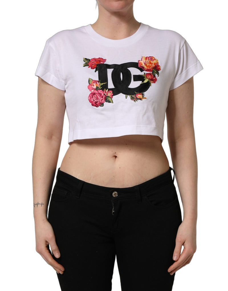 Dolce & Gabbana White DG Floral Cotton Jersey Crop T-shirt