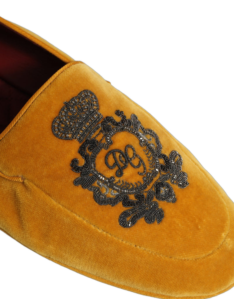 Dolce & Gabbana Yellow Velvet Crown Embroidery Loafers