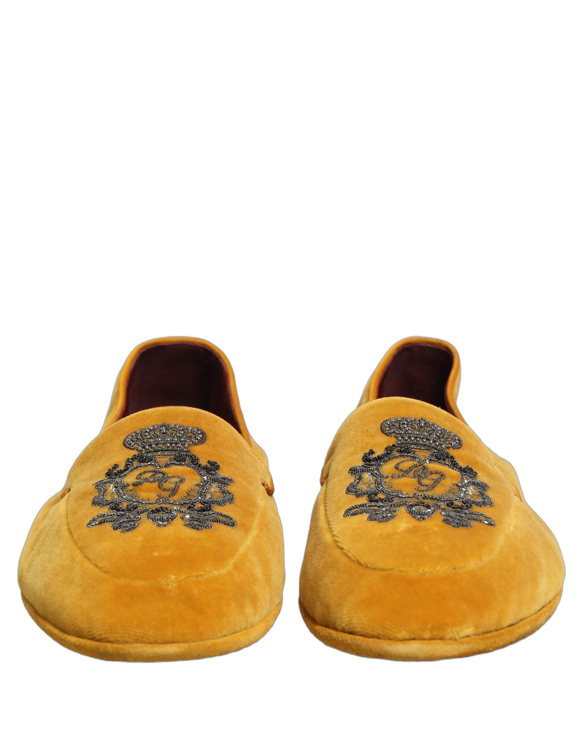 Dolce & Gabbana Yellow Velvet Crown Embroidery Loafers
