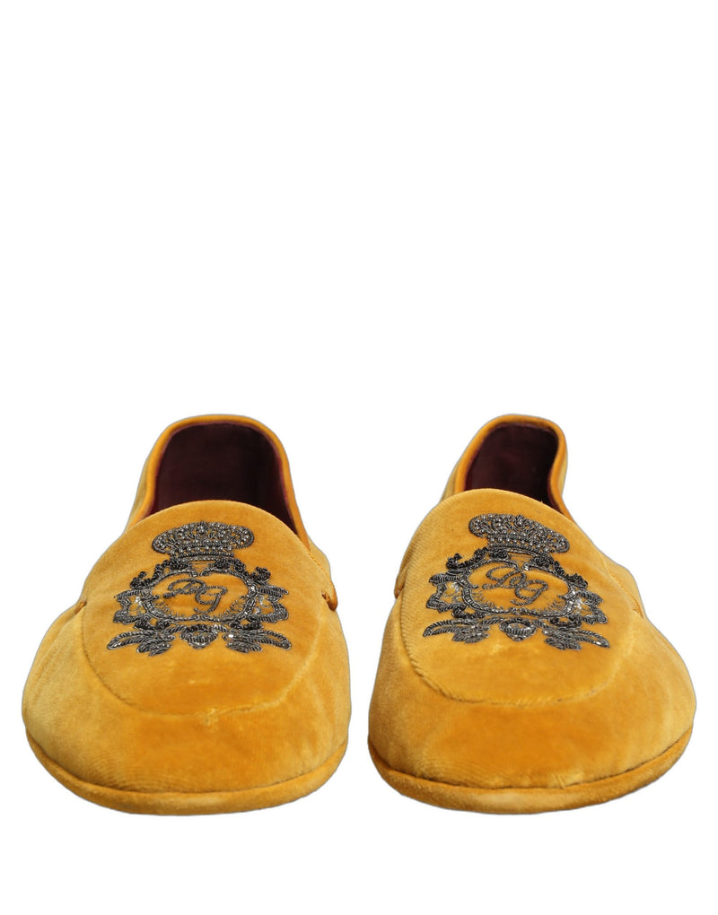 Dolce & Gabbana Yellow Velvet Crown Embroidery Loafers