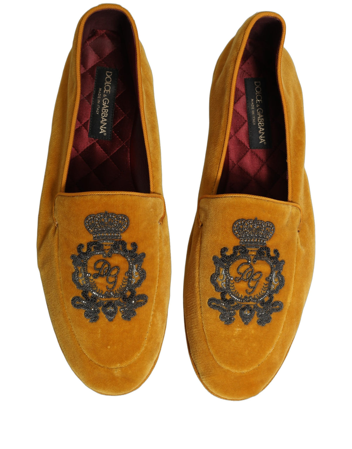 Dolce & Gabbana Yellow Velvet Crown Embroidery Loafers