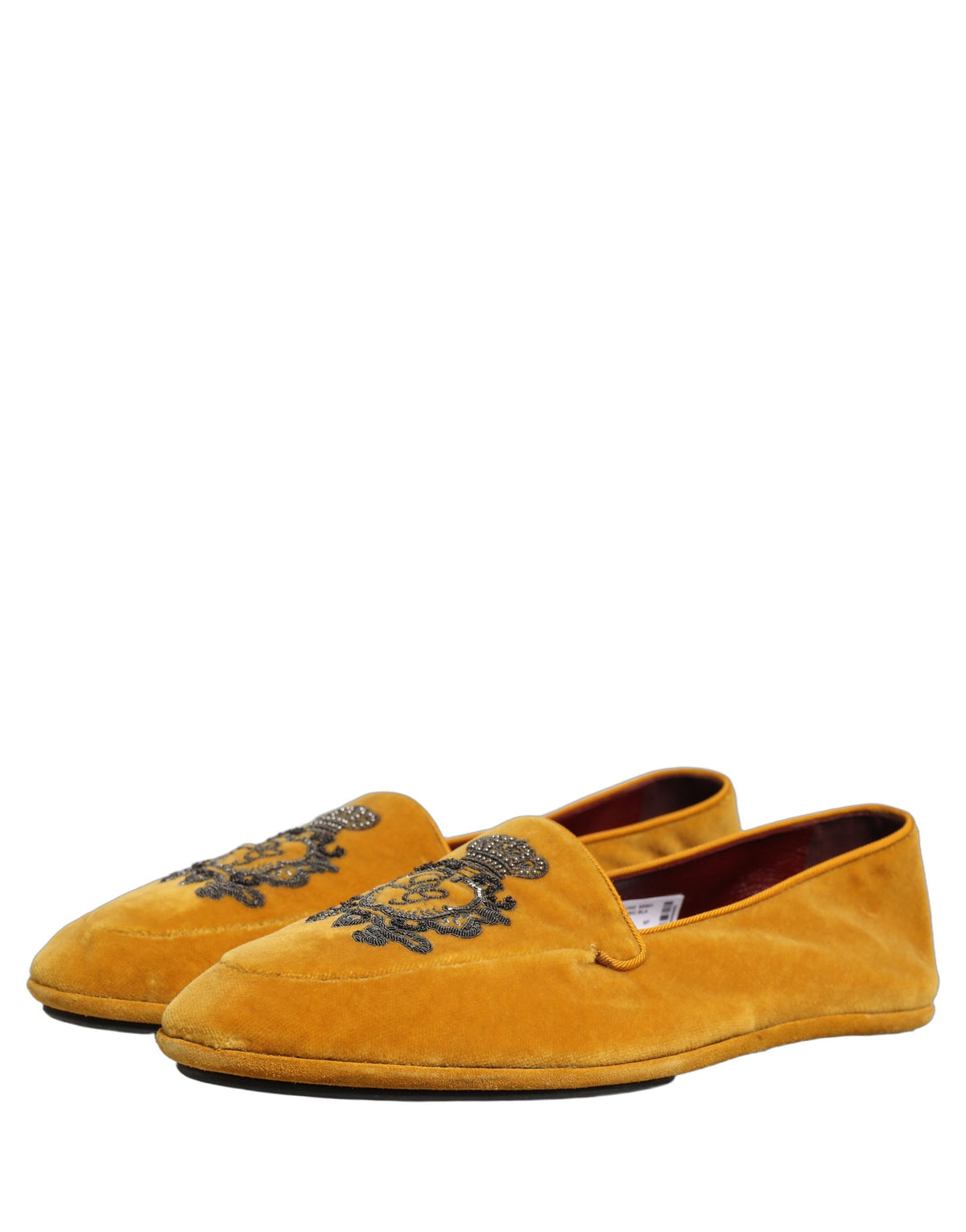Dolce & Gabbana Yellow Velvet Crown Embroidery Loafers