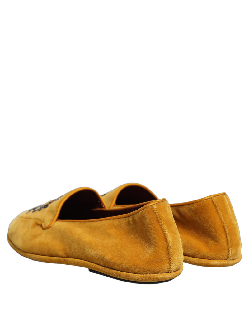Dolce & Gabbana Yellow Velvet Crown Embroidery Loafers