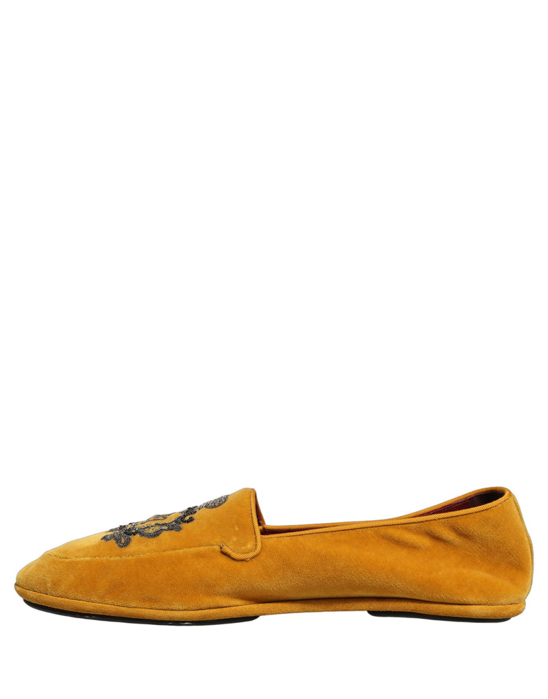 Dolce & Gabbana Yellow Velvet Crown Embroidery Loafers