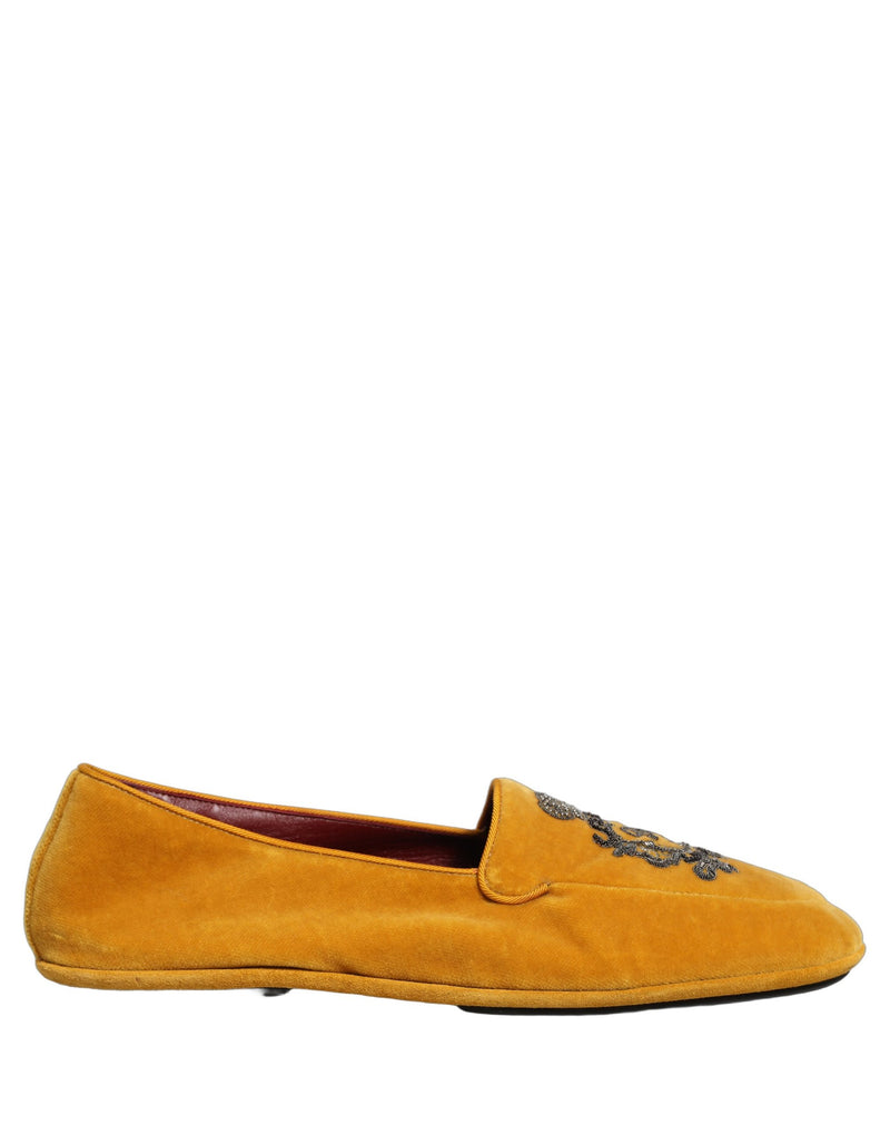 Dolce & Gabbana Yellow Velvet Crown Embroidery Loafers