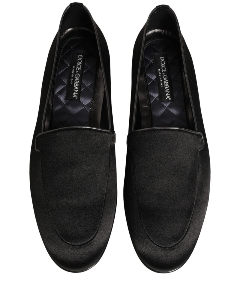 Dolce & Gabbana Black Satin Logo Slip-On Loafers Shoes