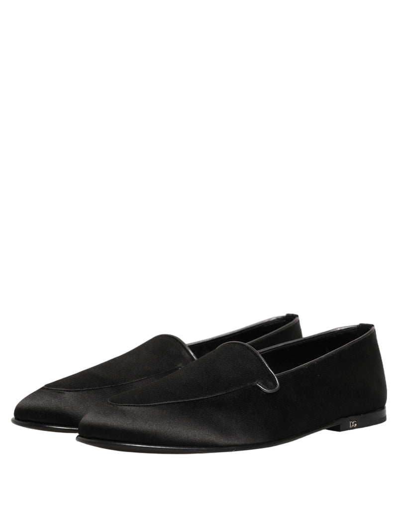 Dolce & Gabbana Black Satin Logo Slip-On Loafers Shoes