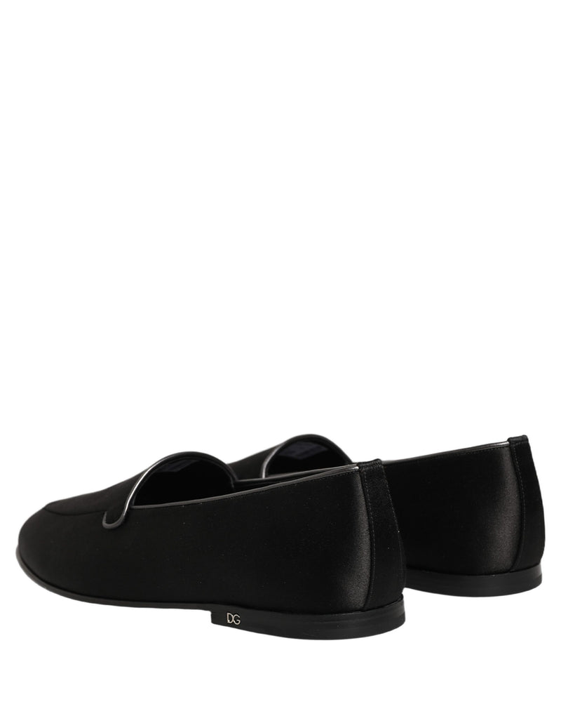 Dolce & Gabbana Black Satin Logo Slip-On Loafers Shoes