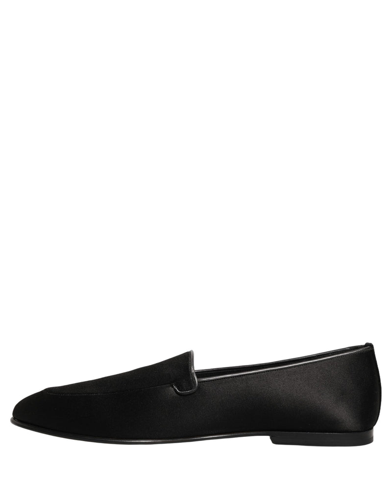 Dolce & Gabbana Black Satin Logo Slip-On Loafers Shoes