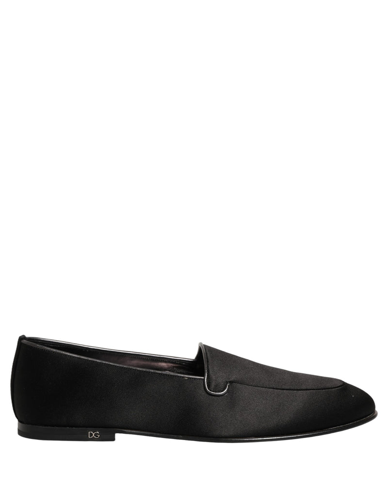 Dolce & Gabbana Black Satin Logo Slip-On Loafers Shoes