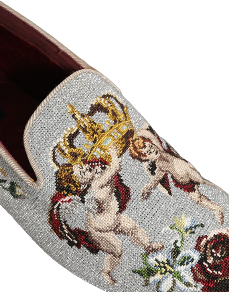 Dolce & Gabbana Gray Crown Rose Angel Embroidery Loafers
